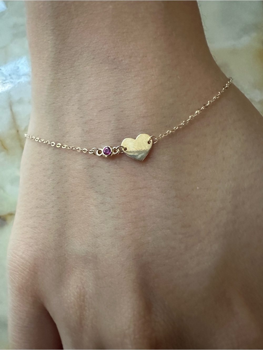 Delicate 14k real solid Gold Heart Bracelet with Ruby  Gem​